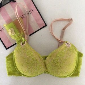 VICTORIAS SECRET SEXY LITTLE THINGS NEON YELLOW LACE PUSH UP BRA NWOT 36B